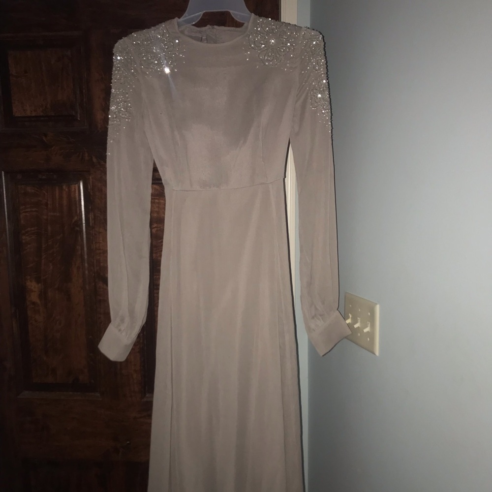 Embellished shoulder mesh dress in mauve (ASOS)